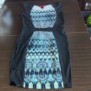 Hot Kiss Black Midi Dress with Blue Patterned Panels